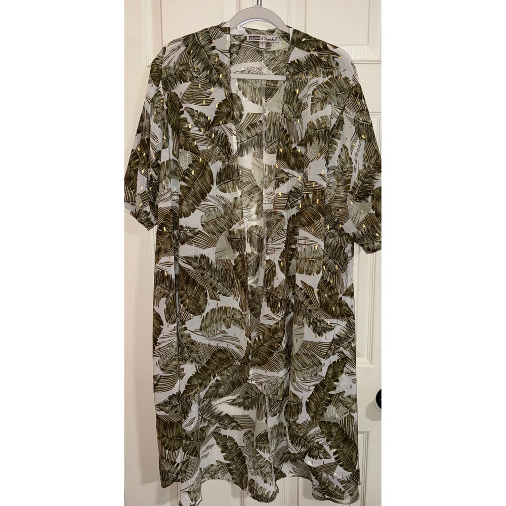 Gypsies & Moondust Tropical Palm Leaf Gold Foil Sheer Kimono Duster Green Small